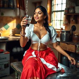 An Indian maid in a wet white blouse that reveals deep cleavage, teamed with a vibrant red saree