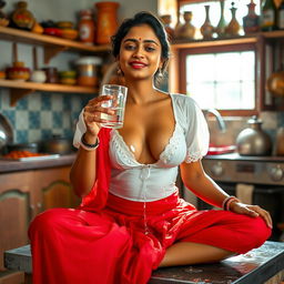 An Indian maid in a wet white blouse that reveals deep cleavage, teamed with a vibrant red saree