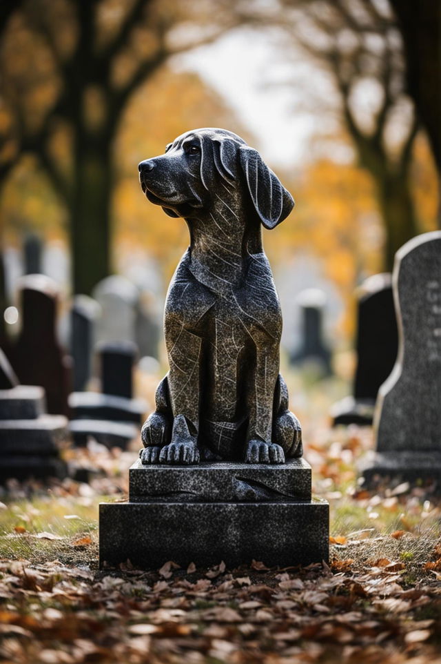 A high-definition digital image featuring a simple headstone in the shape of a dog, carved from polished granite