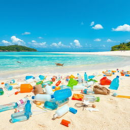 An artistic depiction of plastic waste in a natural setting, showing various types of plastic items like bottles, bags, and straws scattered across a sandy beach