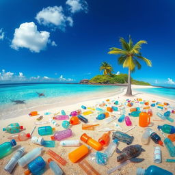 An artistic depiction of plastic waste in a natural setting, showing various types of plastic items like bottles, bags, and straws scattered across a sandy beach