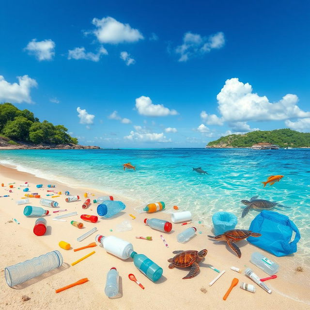 An artistic depiction of plastic waste in a natural setting, showing various types of plastic items like bottles, bags, and straws scattered across a sandy beach