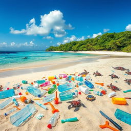 An artistic depiction of plastic waste in a natural setting, showing various types of plastic items like bottles, bags, and straws scattered across a sandy beach