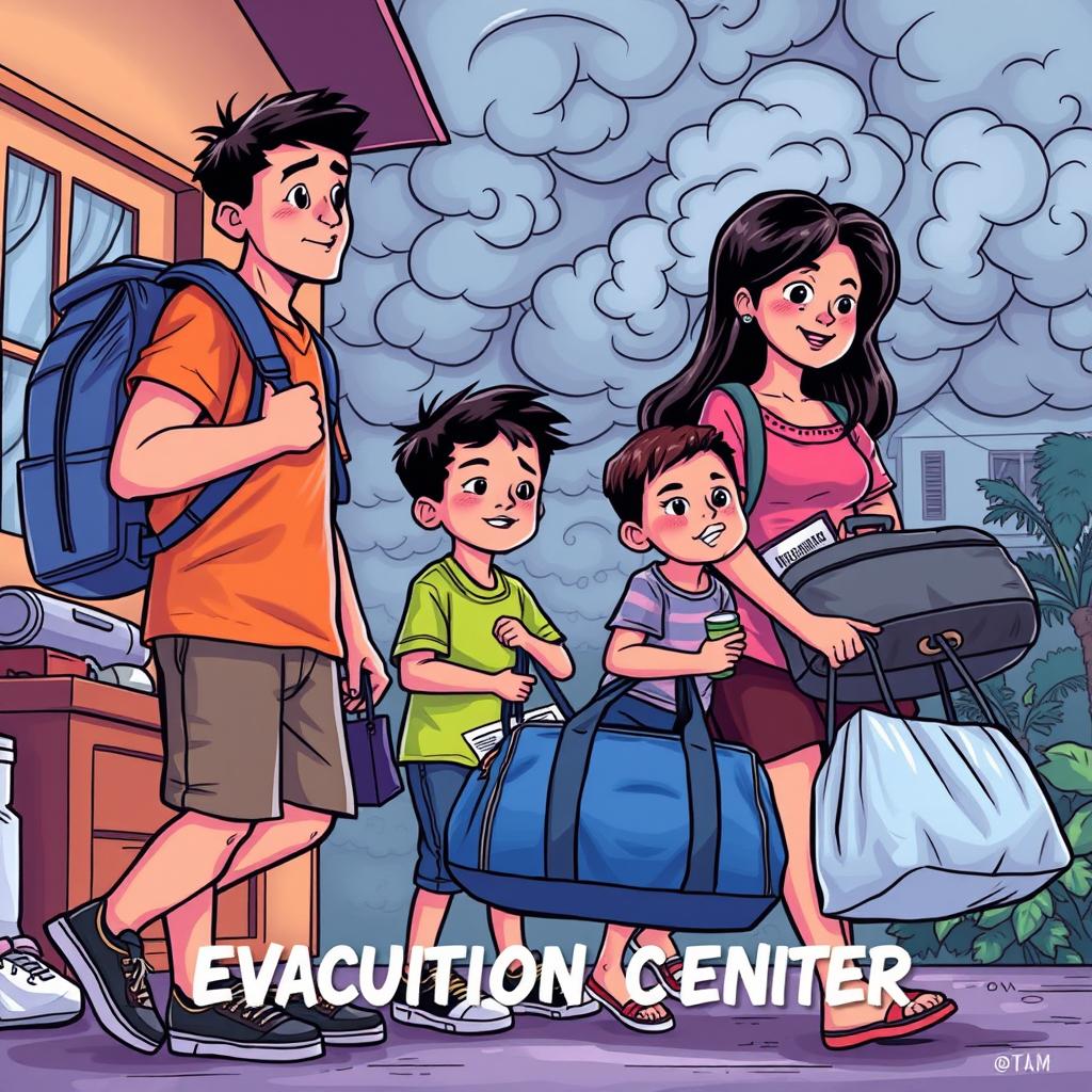 A colorful comic-style drawing of a Filipino family preparing to go to an evacuation center, carrying their belongings