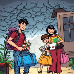 A colorful comic-style drawing of a Filipino family preparing to go to an evacuation center, carrying their belongings
