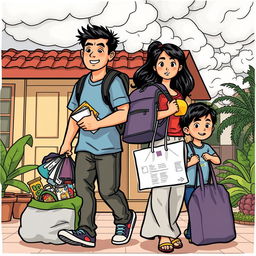 A colorful comic-style drawing of a Filipino family preparing to go to an evacuation center, carrying their belongings