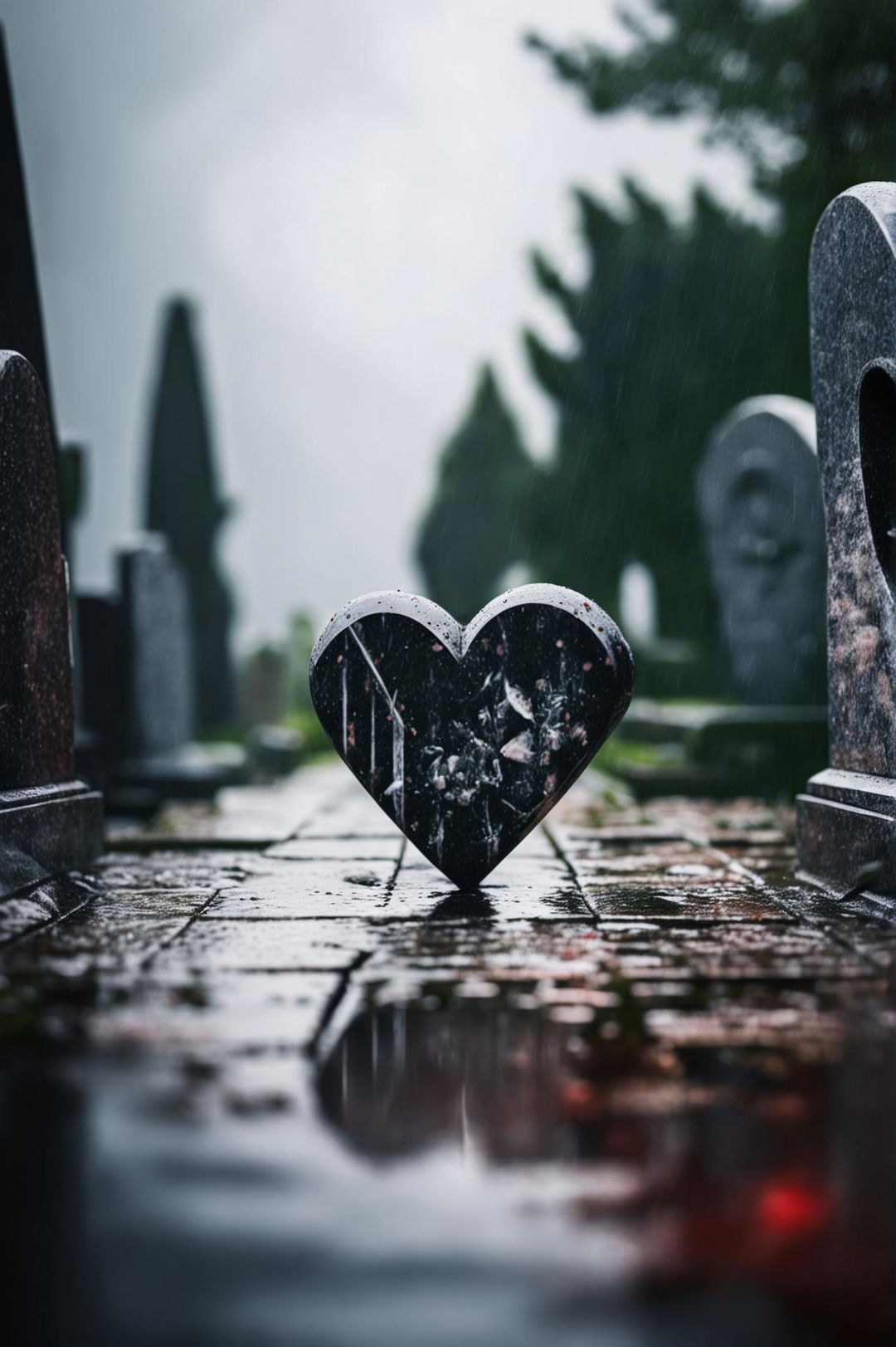 A high-definition digital image featuring a simple, heart-shaped headstone under a gentle rain