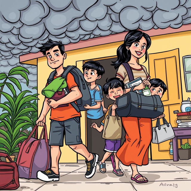 A colorful comic-style drawing of a Filipino family preparing to go to an evacuation center, carrying their belongings