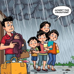 A comic-style drawing of a Filipino family preparing to go to an evacuation center, filled with a sense of worry and fear due to the strength of the approaching storm
