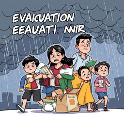 A comic-style drawing of a Filipino family preparing to go to an evacuation center, filled with a sense of worry and fear due to the strength of the approaching storm