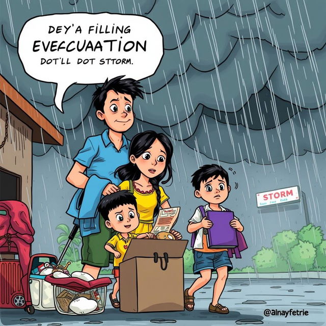 A comic-style drawing of a Filipino family preparing to go to an evacuation center, filled with a sense of worry and fear due to the strength of the approaching storm