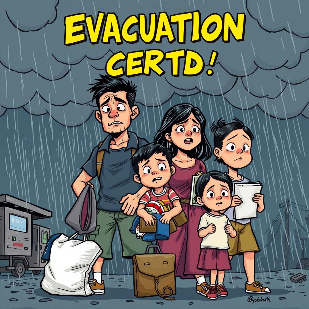 A comic-style drawing of a Filipino family preparing to go to an evacuation center, filled with a sense of worry and fear due to the strength of the approaching storm