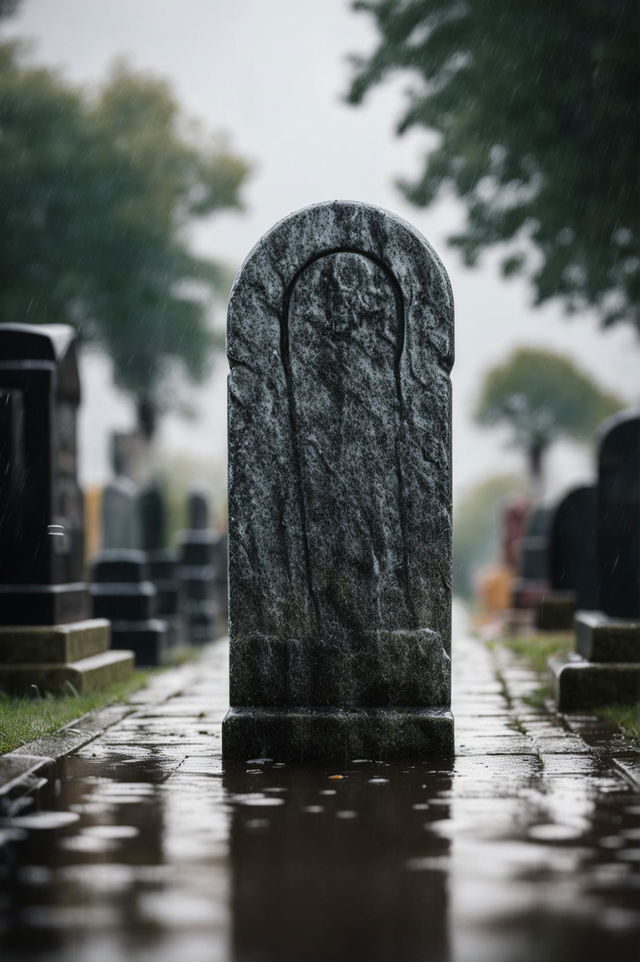 A high-definition digital image featuring a unique, balloon-shaped headstone under a gentle rain