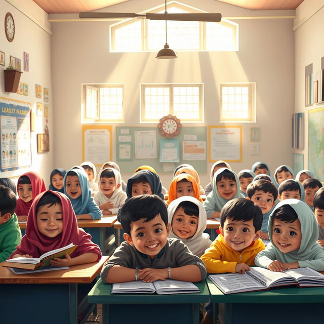 An optimistic scene depicting a vibrant madrasah with children happily attending classes