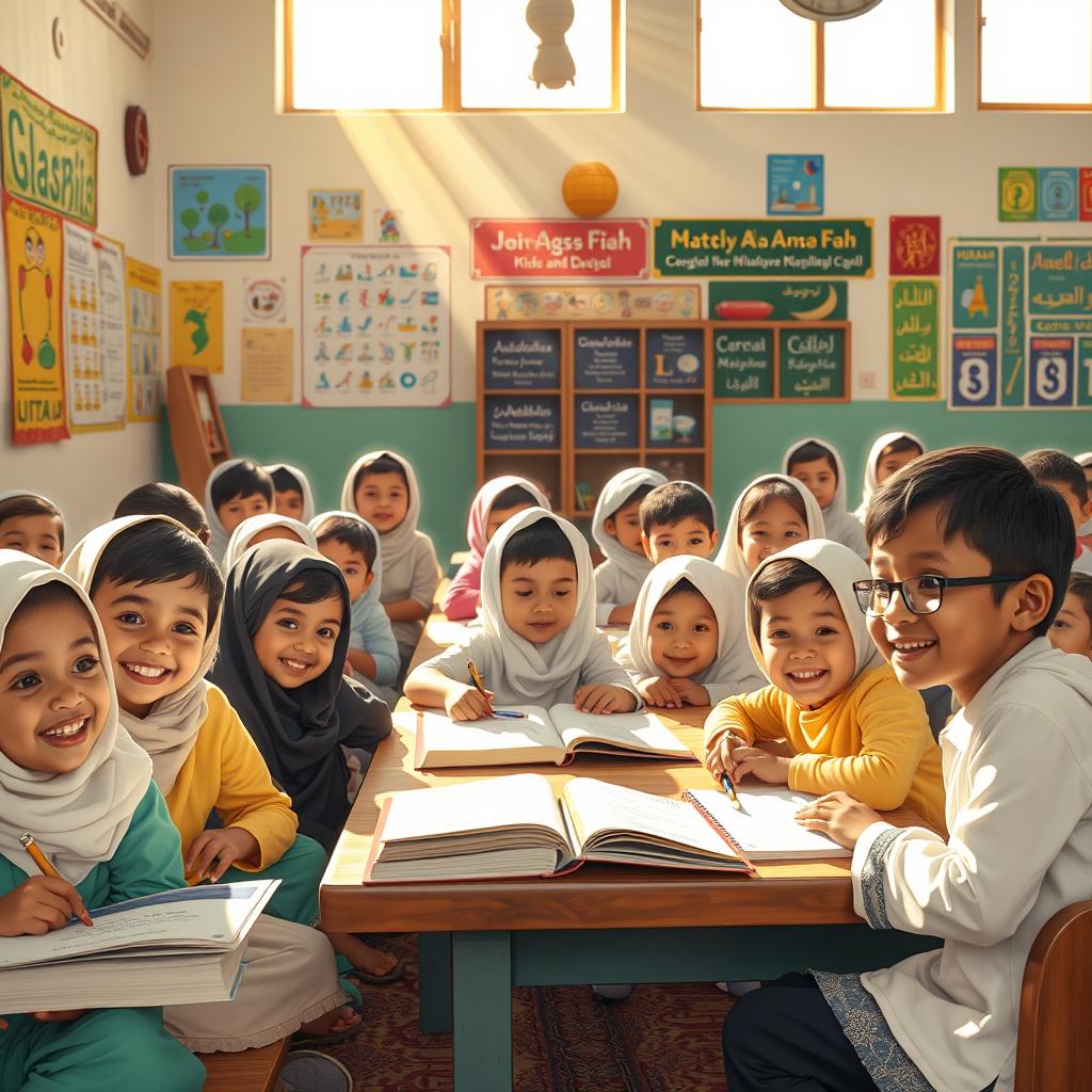 An optimistic scene depicting a vibrant madrasah with children happily attending classes