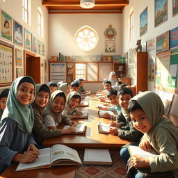 An optimistic scene depicting a vibrant madrasah with children happily attending classes
