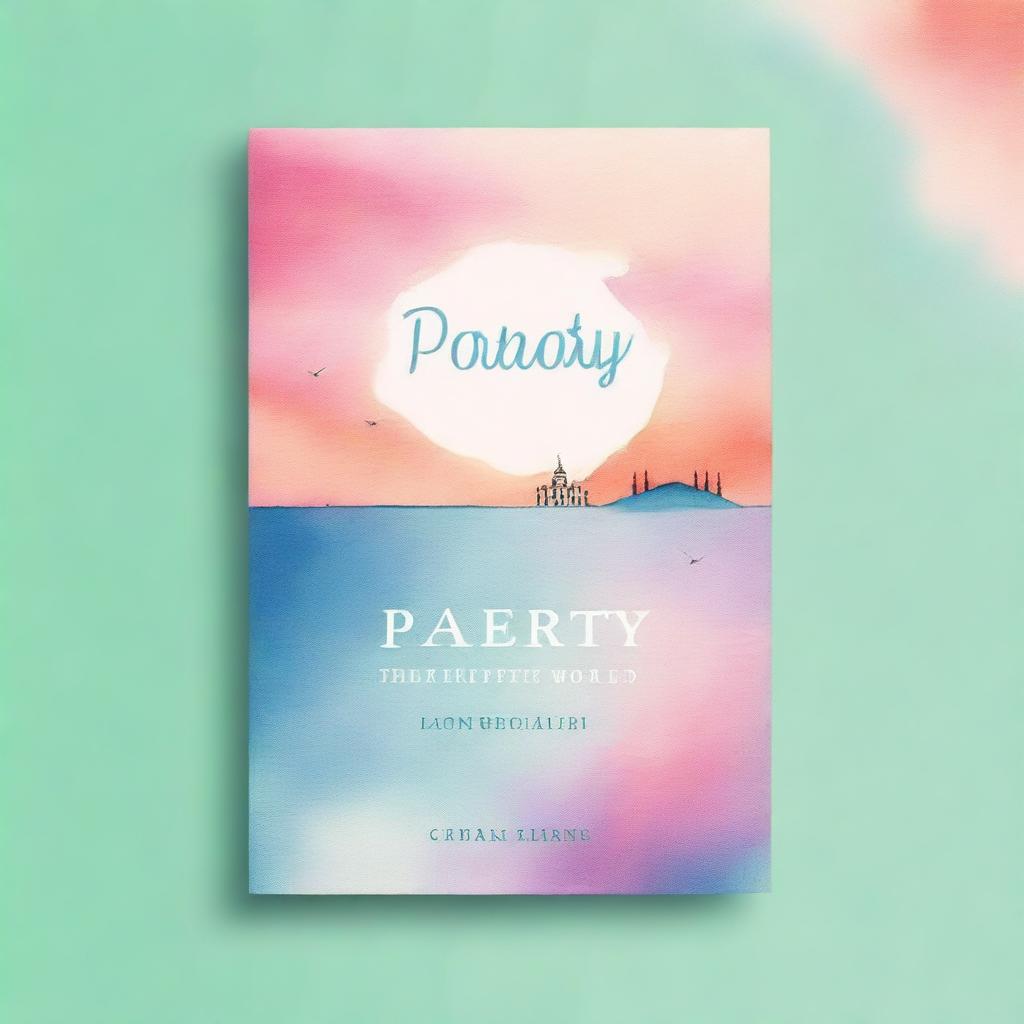 An A5 book cover for 'Poetry Travels the World with No Passport', featuring a soft watercolor background with a sunrise and sea, the title in elegant script, and faint silhouettes of world landmarks