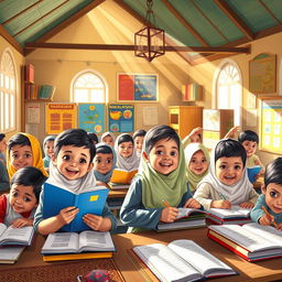 An optimistic scene depicting a vibrant madrasah with children happily attending classes