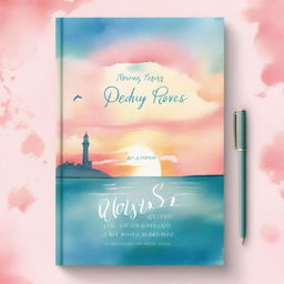 An A5 book cover for 'Poetry Travels the World with No Passport', featuring a soft watercolor background with a sunrise and sea, the title in elegant script, and faint silhouettes of world landmarks