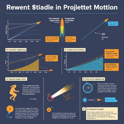 A visually engaging infographic illustrating recent studies on projectile motion, featuring diagrams of projectile trajectories, graphs showing data on angles and ranges, and examples of real-world applications in sports and engineering