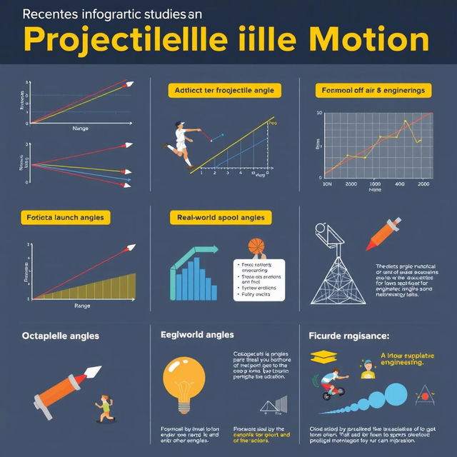 A visually engaging infographic illustrating recent studies on projectile motion, featuring diagrams of projectile trajectories, graphs showing data on angles and ranges, and examples of real-world applications in sports and engineering