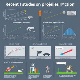 A visually engaging infographic illustrating recent studies on projectile motion, featuring diagrams of projectile trajectories, graphs showing data on angles and ranges, and examples of real-world applications in sports and engineering