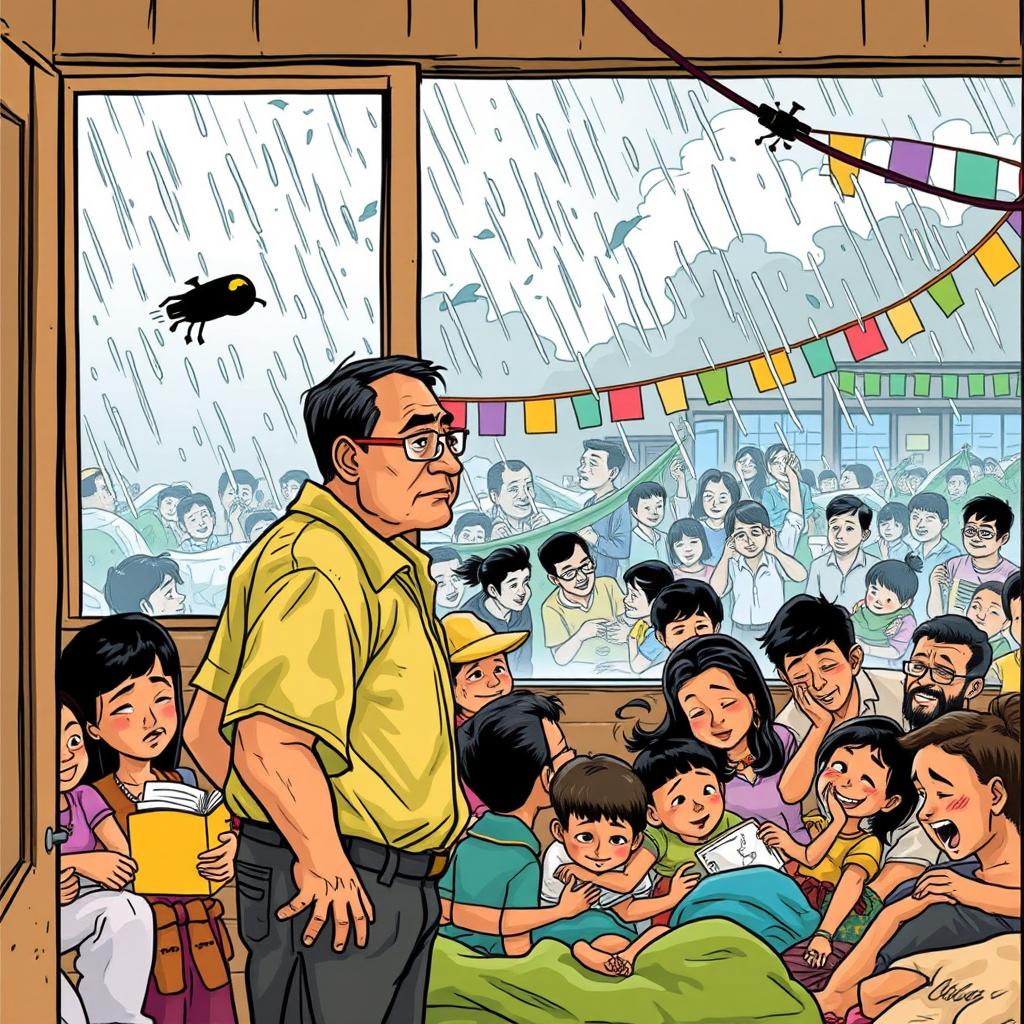 A lively comic-style drawing depicting a bustling evacuation center filled with various people seeking shelter from the storm