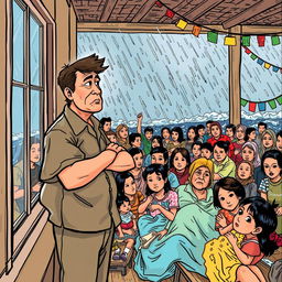 A lively comic-style drawing depicting a bustling evacuation center filled with various people seeking shelter from the storm