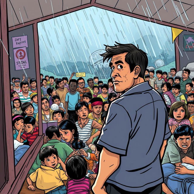 A lively comic-style drawing depicting a bustling evacuation center filled with various people seeking shelter from the storm