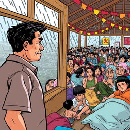 A lively comic-style drawing depicting a bustling evacuation center filled with various people seeking shelter from the storm