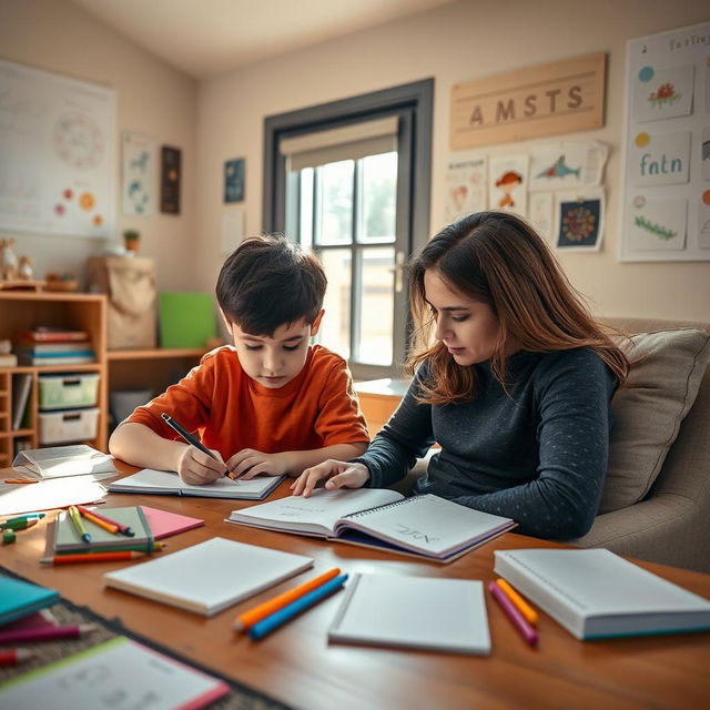 A nurturing home environment where a parent is guiding their child in daily handwriting practice