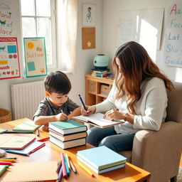 A nurturing home environment where a parent is guiding their child in daily handwriting practice
