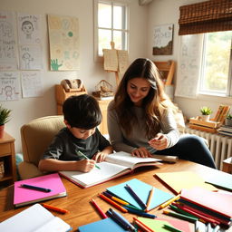 A nurturing home environment where a parent is guiding their child in daily handwriting practice