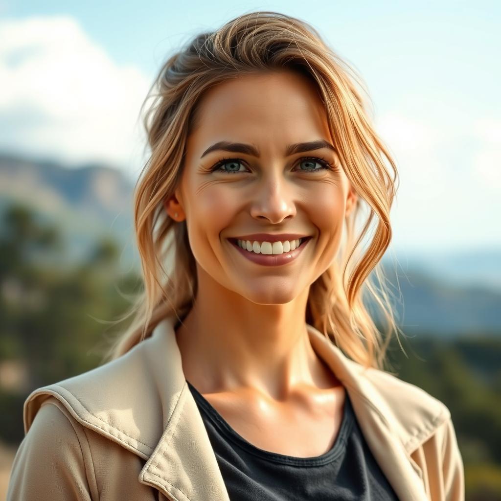 A full-length photo of a woman aged 30-45 with a natural appearance, showcasing minimal makeup and well-groomed hair