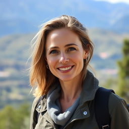 A full-length photo of a woman aged 30-45 with a natural appearance, showcasing minimal makeup and well-groomed hair