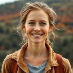 A full-length photo of a woman aged 30-45 with a natural appearance, showcasing minimal makeup and well-groomed hair