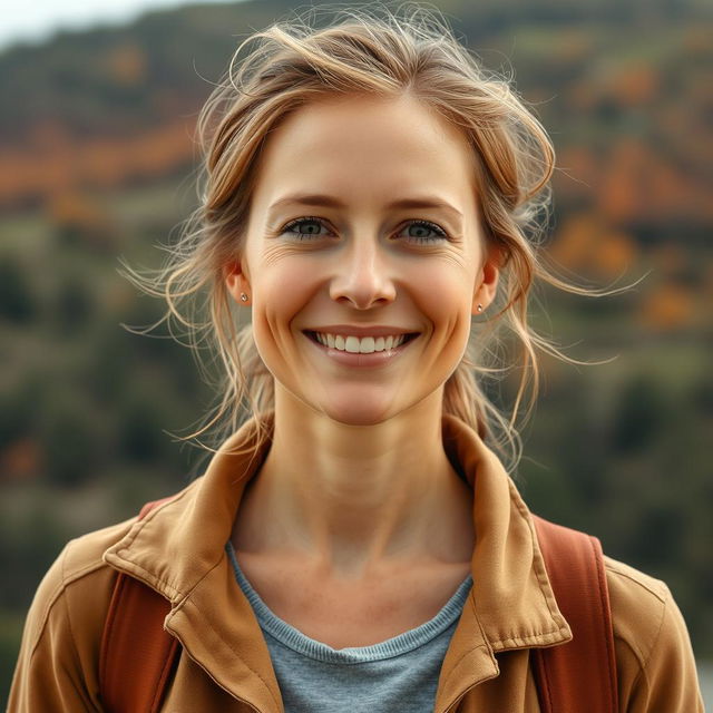 A full-length photo of a woman aged 30-45 with a natural appearance, showcasing minimal makeup and well-groomed hair