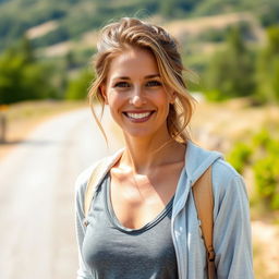 A full-length photo of a woman aged 30-45 with a natural appearance, showcasing minimal makeup and well-groomed hair