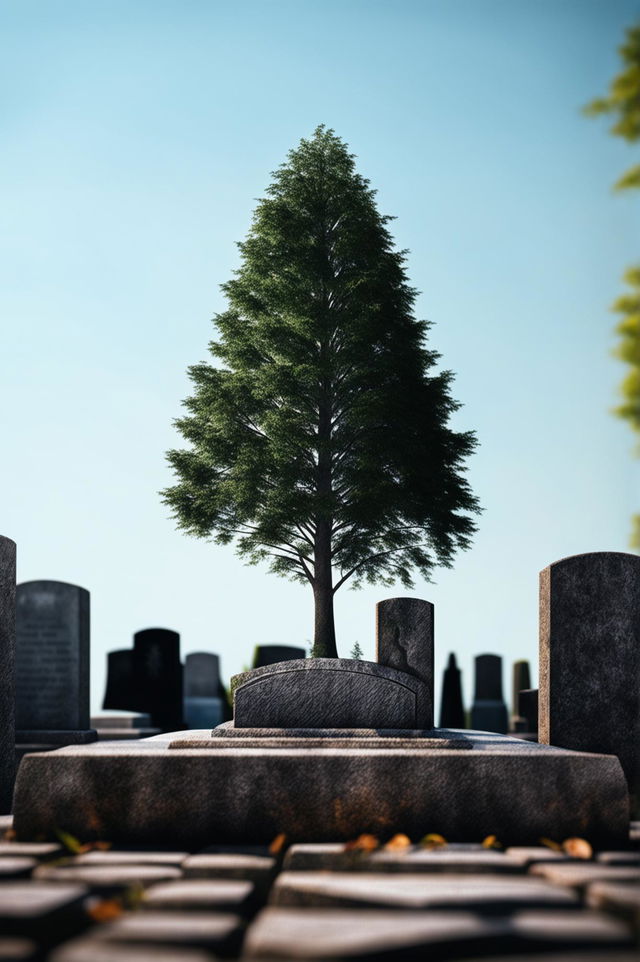 A 32k HD digital image featuring a unique, tree-shaped headstone under warm sunlight