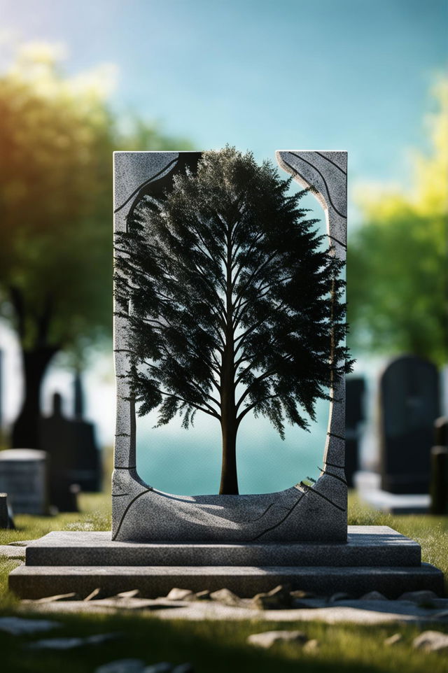 A 32k HD digital image featuring a unique, tree-shaped headstone bathed in sunlight