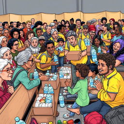 A vibrant comic-style drawing depicting a busy evacuation center where volunteers are distributing food and water to those seeking shelter