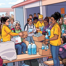 A vibrant comic-style drawing depicting a busy evacuation center where volunteers are distributing food and water to those seeking shelter