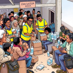 A vibrant comic-style drawing depicting a busy evacuation center where volunteers are distributing food and water to those seeking shelter