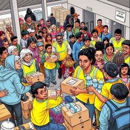 A vibrant comic-style drawing depicting a busy evacuation center where volunteers are distributing food and water to those seeking shelter