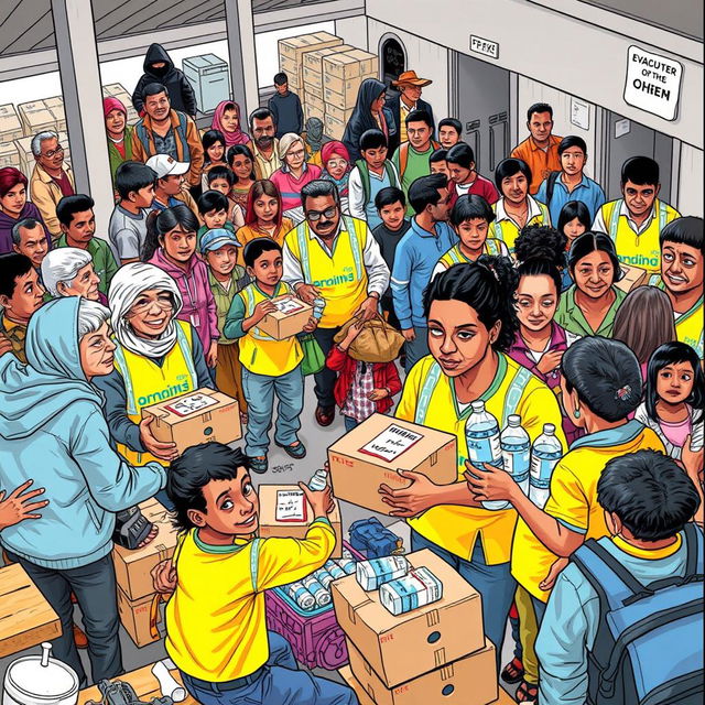 A vibrant comic-style drawing depicting a busy evacuation center where volunteers are distributing food and water to those seeking shelter