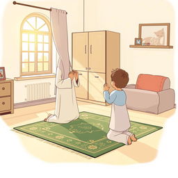 An illustration of a peaceful domestic scene where a devoted parent is performing the five daily prayers (Salah) with a serene, spiritual atmosphere