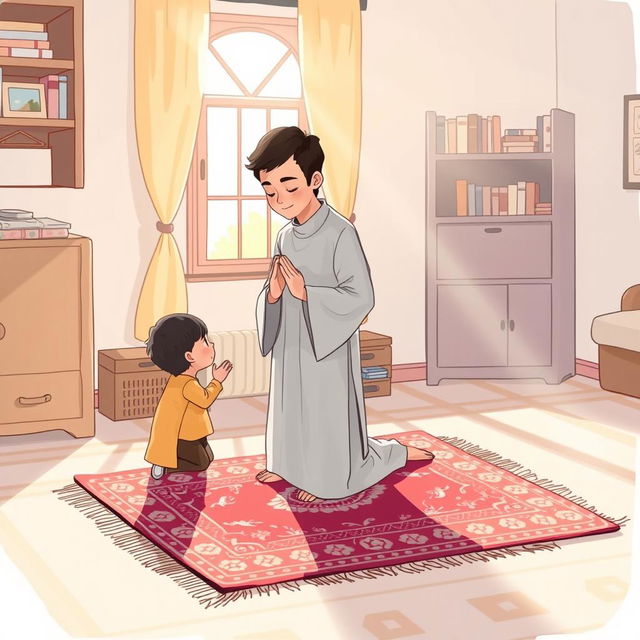 An illustration of a peaceful domestic scene where a devoted parent is performing the five daily prayers (Salah) with a serene, spiritual atmosphere