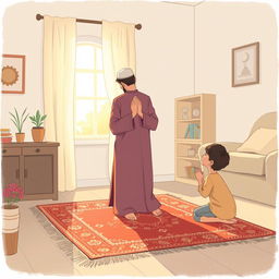 An illustration of a peaceful domestic scene where a devoted parent is performing the five daily prayers (Salah) with a serene, spiritual atmosphere