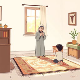 An illustration of a peaceful domestic scene where a devoted parent is performing the five daily prayers (Salah) with a serene, spiritual atmosphere