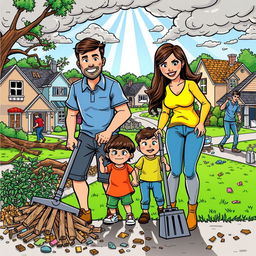 A colorful comic-style drawing depicting a resilient family working together to clean up their neighborhood after a storm has passed